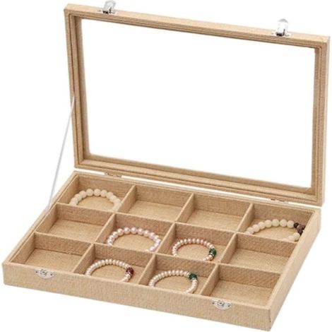 Boîte à bijoux, boîte à bijoux de voyage, petite boîte à bijoux, boîte à bijoux portable, boîte de rangement pour bracelets, colliers et boucles d'oreilles, boîte en lin avec 12 compartiments (1/4)