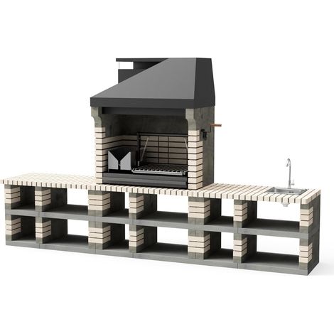 MOVELAR - Barbecue préfabriqué à bois et charbon en béton réfractaire modèle Pack 1 Pan America Beige (Beige, Gris - 360 x 70 x 220 cm) REF: M00380 - Cuisine extérieure pour jardin ou patio (1/5)