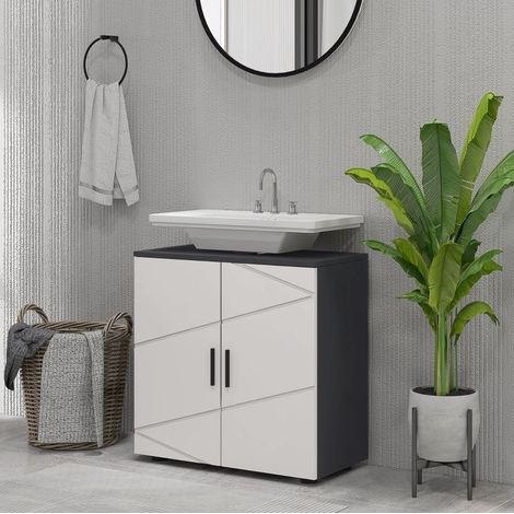 Mobile lavabo moderno grigio in legno, 2 ante con ripiano interno regolabile, 60 x 30 x 60 cm (1/5)