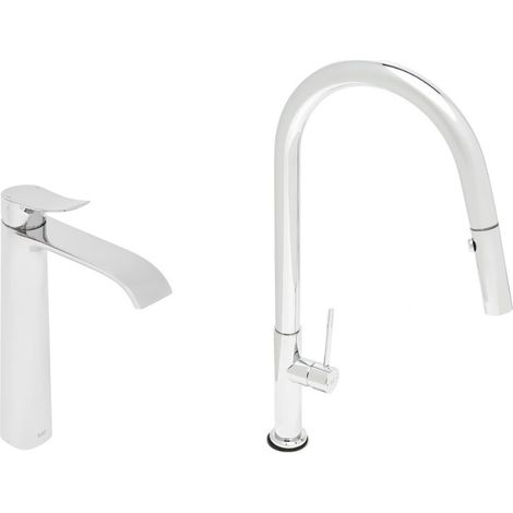 set mitigeur lavabo haut + mitigeur cuisine avec douchette extractible et bras pivotant, chrome (SATINFBSD285) (1/5)