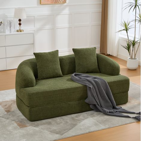 Divano letto 2 posti convertibile, 2 cuscini, tessuto chenille verde, 157 x 84 x 65 cm, OKWISH (1/5)