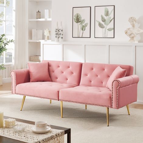 Canapé convertible 2 places en velours rose, dossier réglable 3 positions, couchage 147x85 cm (1/5)
