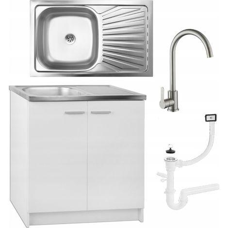 Küchenschrank Weißer – 80 x 50 cm – Edelstahlspüle – Hohe Armatur – Siphon (1/5)