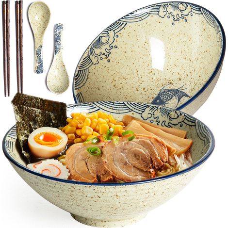 Ensemble de bols à nouilles 2 x 1200 ml en céramique avec baguettes et cuillères, vaisselle en porcelaine, grand bol à soupe, bol à salade, bol à pho, micro-ondes et lave-vaisselle (1/5)