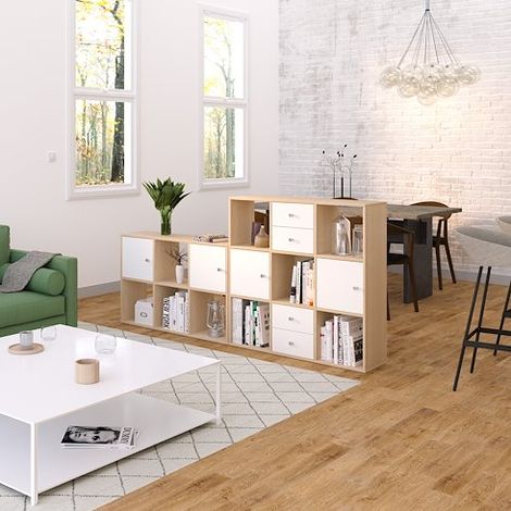 Bibliothèque 15 cases Maxicube chêne clair + 4 tiroirs blancs + 4 portes blancs - Maxiburo