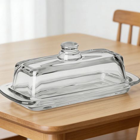 Beurrier en verre avec couvercle rectangulaire multifonction, plateau couvert hermétique, passe au lave-vaisselle pour réfrigérateur de comptoir transparent (1/5)