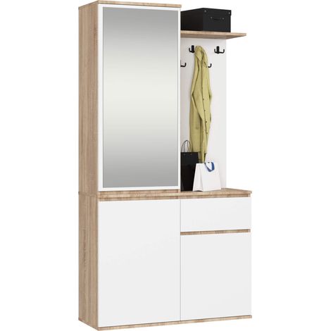Akord – Ensemble de meubles d'entrée chêne sonoma blanc – Armoire et miroir 95 cm – 3 portes, 1 tiroir, 7 étagères – Dimensions 95x35x183 cm (1/5)