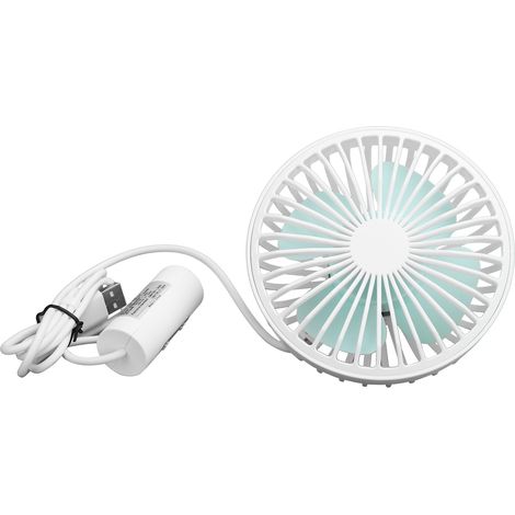 Ventilateur de voiture USB portable mini blanc, ventilateur avec lumière ambiante, 3 vitesses réglables.