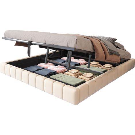 Lit coffre 180x200 cm flottant avec LED, sans tête de lit, revêtement tissu beige, cadre métal robuste, rangement hydraulique pour chambre moderne - CHICFURN (1/5)