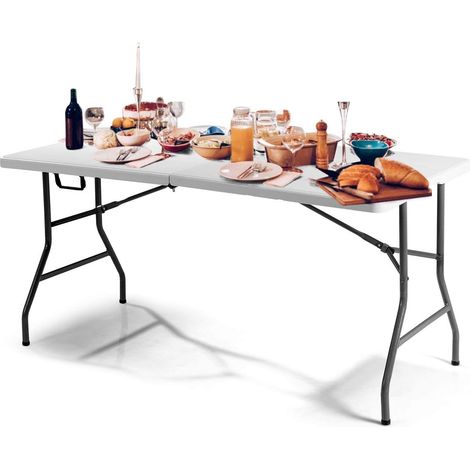 GOPLUS Table Pliante Plastique Charge Maximale 150 KG Matiere en HDPE et Acier Robuste avec Serrures Renforcees Pieds Antiderapants 153 x 74 x 74 CM Beige pour Occasions Diverses (1/5)