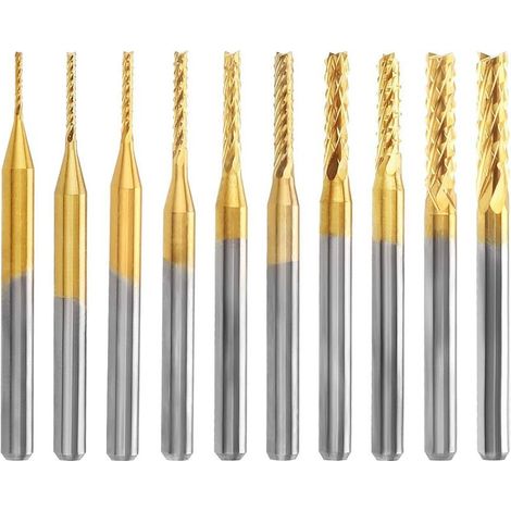 10 Pcs Titane Fraise au Carbure Carbone, Enduit CNC Gravure Ensemble Rotatives Fraises 0.8MM-3.175MM