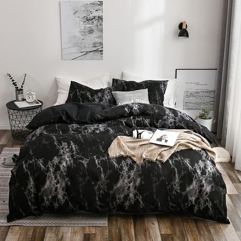 Parure de lit 2 pièces douce et facile d'entretien avec fermeture éclair, housse de couette de style moderne et 1 taie d'oreiller à imprimé marbré - Noir 135x200