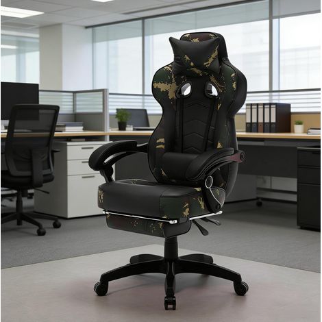 Silla de oficina gamer ergonómica de polipiel, reclinable, negro/verde multi - REDOM (1/5)