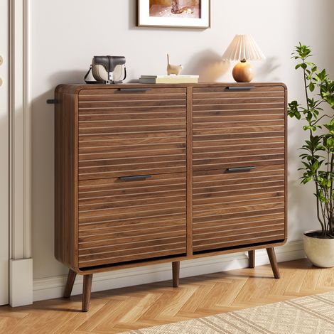 Meuble à chaussures - 105 x 24 x 91 cm - meuble de rangement d'entrée avec 4 portes abattantes à lattes horizontales pour 18 à 24 paires de chaussures - style moderne - MDF - noyer (1/5)