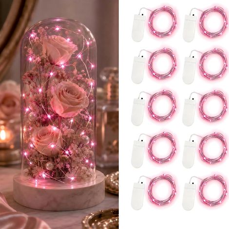 Lot de 10 guirlandes lumineuses LED à piles 1m 10 LED fil d'argent rose étanche bouteille étoile guirlandes lumineuses pour Noël fête-Rose (1/5)