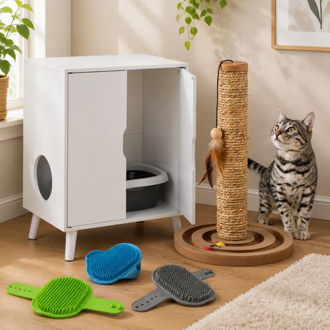 Ensemble pour chat « Cat Essentials » (3 pièces) – Meuble pour bac à litière, lot de 3 brosses de toilettage et griffoir (1/5)
