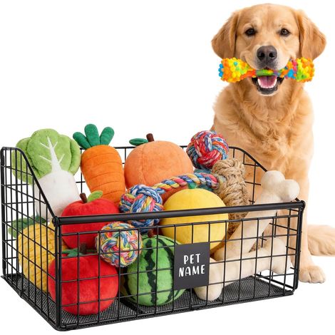 Panier à Jouets Indestructible pour Chien, 42,5x28x21,5cm Bac de Rangement en Métal à Mâcher Os et Friandises Organisateur de Jouets Durable pour le Salon (Noir) (1/5)