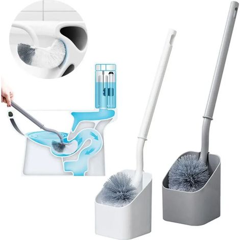 Set aus gebogener Toilettenbürste mit Behälter, langem Griff zur Toilettenreinigung, Badezimmeraccessoire - Crezuo