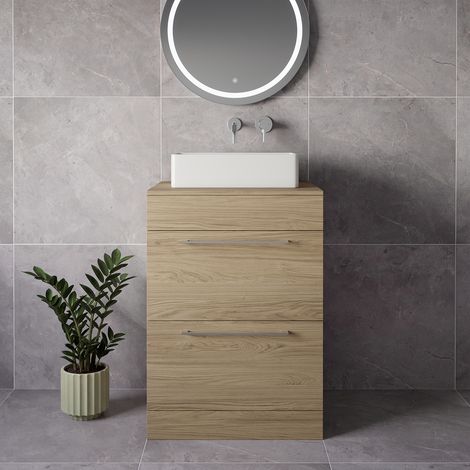 Napoli 460 Light Oak 600mm 2 Drawer Vanity Unit for Countertop Basins - 600mm - Chrome 320mm Handle