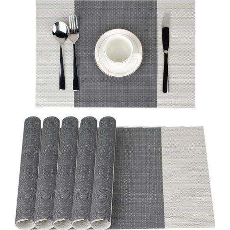 6Pcs Sets de Table Anti-Glissant en PVC Napperon Lavables(45x30cm) Napperons pour Cuisine, Salon, Jardin ou Salle à Manger (Rayé Gris) (1/5)