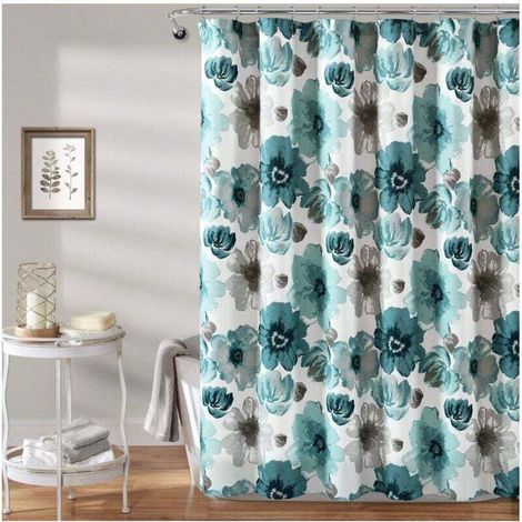 Rideau de douche fleuri, 180 x 180 cm, bleu – Rideaux de douche en tissu – Rideau de salle de bain botanique aquarelle – Décoration de style campagnard et français