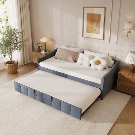 Lit capitonné 90×200 cm,extensible,lit double avec poches latérales,cadre de lit 90×200,canapé-lit multifonctionnel,2 en 1,style moderne,sommier à lattes,lit adulte,Velours,Gris (1/5)