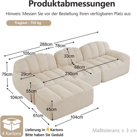 Canapé d'angle modulable 3 places avec 1 pouf, canapé sans armatures en mousse haute densité 32D, tissu doux, beige et blanc (1/5)