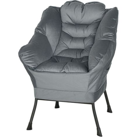 Fauteuil Velours Gris avec Accoudoirs et Pieds Acier pour Salon ou Chambre, Fauteuil de Détente Individuel Confortable et Élégant (1/5)