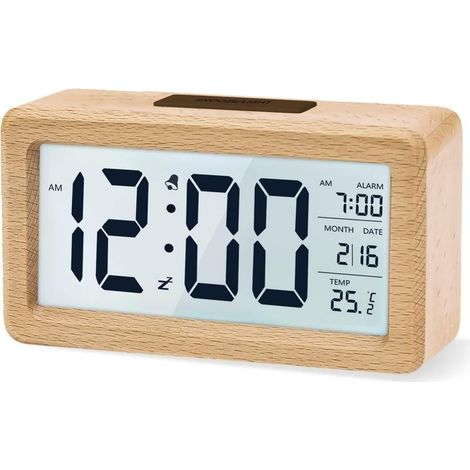Wooden light-up alarm clock with large LCD screen – Temperature display – Snooze function – Light sensor – Powered by 3 AAA batteries (1/5)