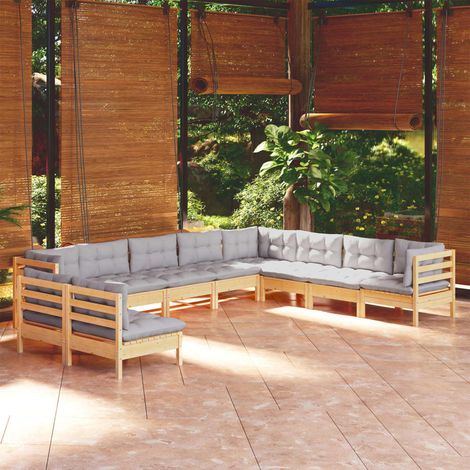 10-tlg. Garten-Lounge-Set mit Grauen Kissen Massivholz Kiefer vidaXL (1/5)