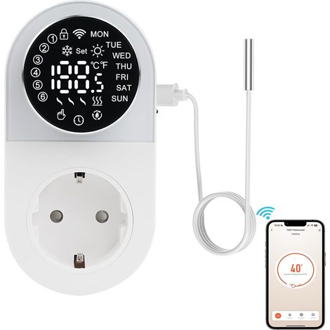 Prise Thermostat connecté WiFi régulateur de température numérique Prise thermostats avec Sonde 16A 220V Écran LED Commutation du Mode de Chauffage Refroidissement pour Serre Incubateur Ventilateur (1/5)