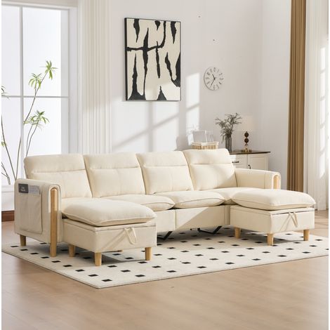 Divano modulare a U 261x77x86 cm in tessuto beige, piedi in legno, contenitore, per soggiorno (1/5)