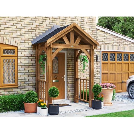 Dunster House Wooden Porch Canopy Kit 2m x 1.5m Pressure Treated Door Shelter with Balustrades - Thunderdam