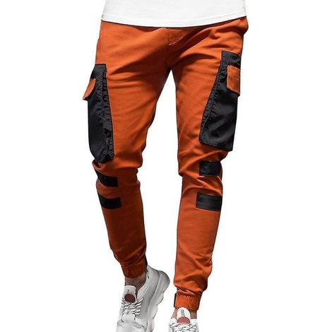 Pantalon cargo multipoches pour homme, coupe slim, idéal pour le jogging et le travail - Taille 3XL - Orange (1/5)