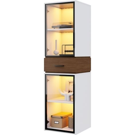 Zqoyn Vetrina di dimensioni 40 x 40 x 200 cm con illuminazione a LED – mobile bianco con due ante in vetro e un cassetto. Un complemento d'arredo versatile, adatto a soggiorni, uffici e sale da pranzo (1/5)