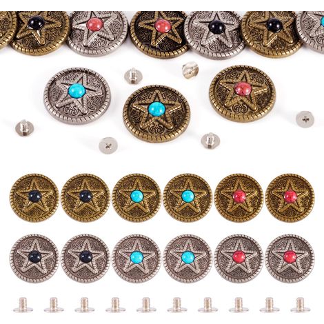 12 ensembles de rivets décoratifs en alliage Turquoise Étoiles plates rondes en forme de conchos, boutons en métal avec vis à l'arrière pour cuir, vêtements, sac à main, chaussures (1/5)