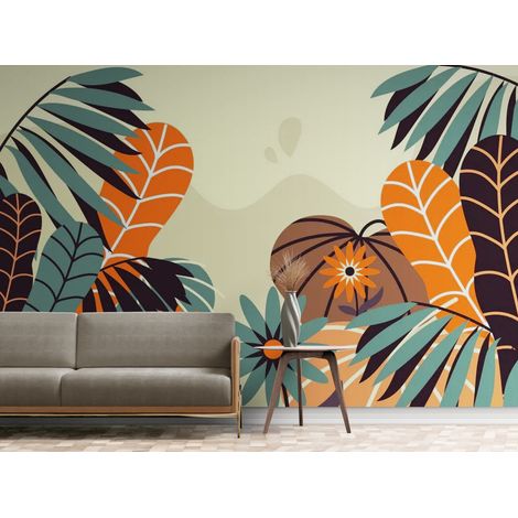 Papier Peint Tropical - Feuilles Abstraites Colorées - 500 x 270 cm (1/2)