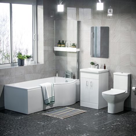 Warton P-Shaped Right Handed Bath + Screen, 500mm Floor Standing Vanity Unit and Close Coupled Toilet Suite (1/5)