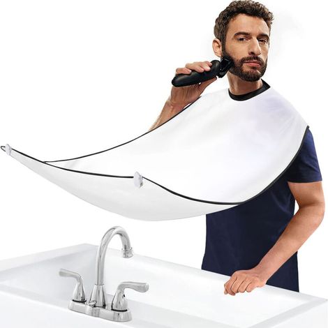Tablier à Barbe Homme, Imperméable Cape de Rasage pour le Rasage, Soin Barbe, avec 3 Ventouses Adhésives, Cadeau pour Homme, Blanc (1/3)