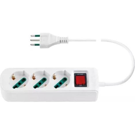 Vimar 0R00637.CC.B Presa multipla con interruttore automatico di protezione e cavo da 1,5 m, 3 uscite SICURY universale standard italiano, spina 10 A standard italiano, bianco