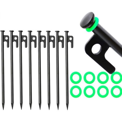 Set of 8 sturdy 40cm tent pegs for camping, awnings and garden use (8 ground stakes + 8 light rings + 1 bag) (1/5)