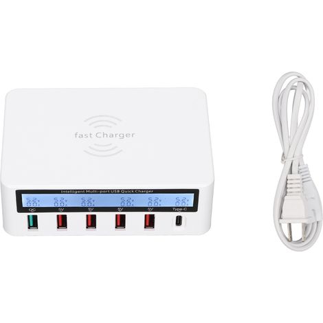 Station de charge USB 40W 6 ports QC 3.0 avec charge rapide sans fil, écran LCD, prise US 100-240V, blanc (1/5)