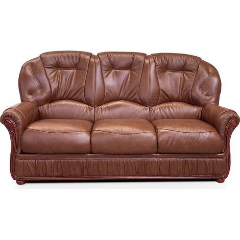 Vente-Unique – Canapé droit 3 places en cuir de buffle marron – Assise déhoussable – Structure en bois – Charge maximale 360 kg