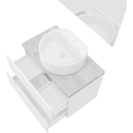 Mueble de baño suspendido de 80 cm en madera blanca brillo y tapa de hormigón con lavabo y espejo - Civo - Con colonna specchio e lavabo tondo (1/5)
