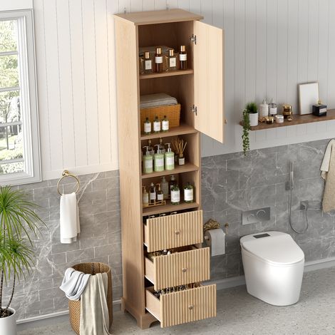 Armoire de salle de bains moderne en MDF naturel 40x30x172 cm, 3 tiroirs, 1 porte, 2 niches ouvertes (1/5)