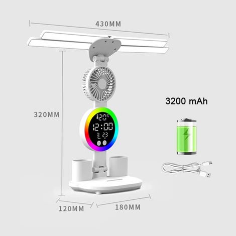 (Version ventilateur rechargeable 3200 mAh) Lampe de bureau rechargeable, lampe d'étude, lampe de lecture avec affichage de l'heure LED (1/5)