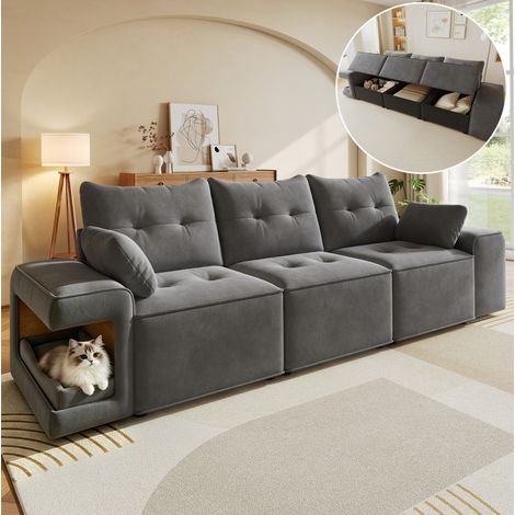 Divano modulare in velluto, divano lineare a 3 posti con contenitore e nicchie per animali domestici, 229,5 cm, grigio (1/5)