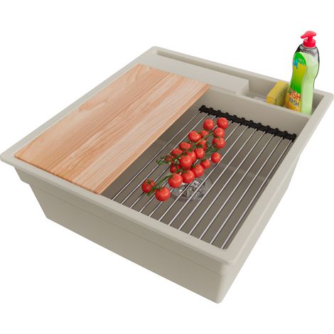 PRIMAGRAN Evier Cuisine en Granit 48x53cm,Lavabo 1 bac + Kit de Vidage + Accessoires, Évier à Encastrer au meuble 50cm - Oslo Pocket, Beige (1/5)