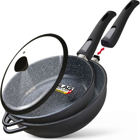 Briebe MGK19S Set 2 Sauteuse Induction Manche Amovible, Poêles 24/ 28cm Antiadhesive Couvercle  Noir