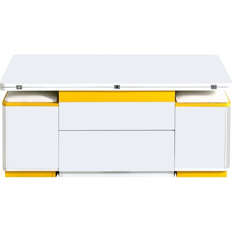 Tavolino da salotto elevabile ed estensibile con 4 sgabelli, MDF e truciolare, bianco e giallo (1/5)